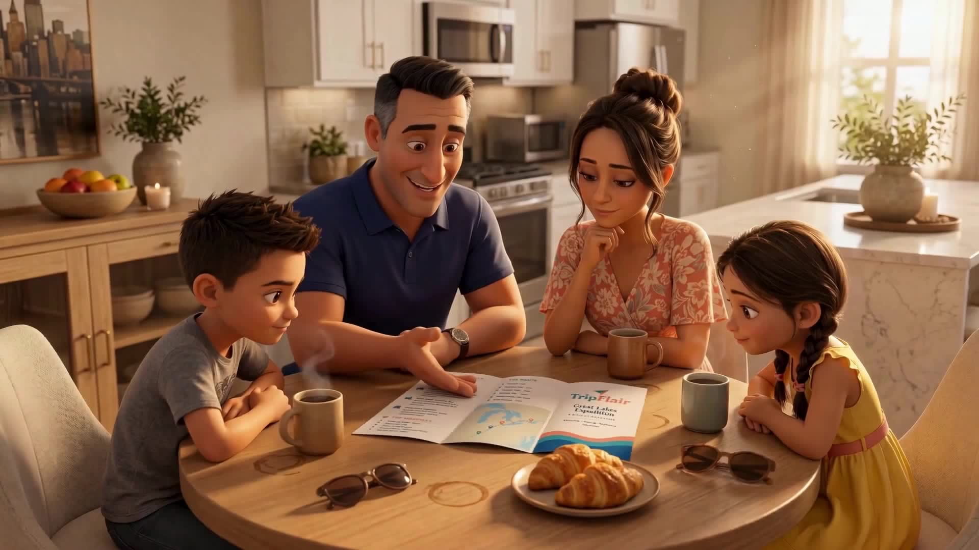 The Flores family around the kitchen table, reading their printed TripFlair brochure together