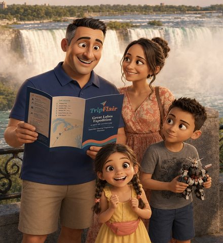The Flores family at Niagara Falls with their brochure